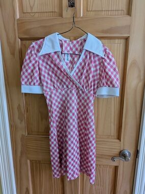 Vintage-Inspired Pink Gingham A-Line Dress with White Trim